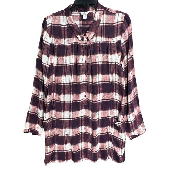 Garnet Hill Tunic Top Women 6 Purple Plaid Crepe Popover Shirt Casual Cottage - Picture 1 of 14